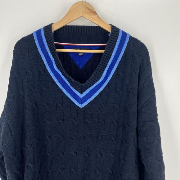 Tommy Hilfiger Sweater Size XXL Mens Navy Y2K V Neck Preppy Varsity Tennis - Picture 2 of 10